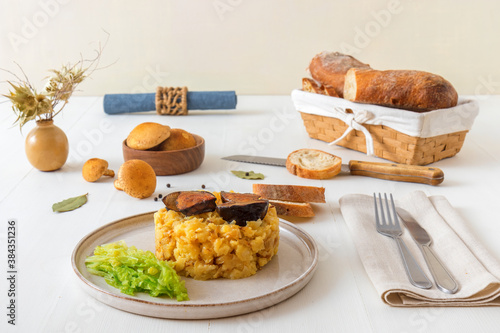 Fresh roasted boletus with mashed potatoes and kale. Favorite season mushroom lunch or dinner in Czech Republic. photo