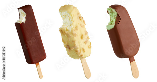 Bitten chocolate ice cream bars on a stick; isolated on white