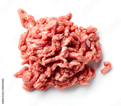 Heap of minced meat isolated on white, from above