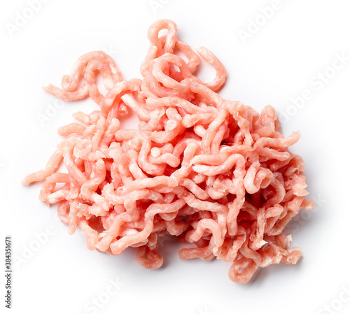 Heap of minced meat isolated on white  from above