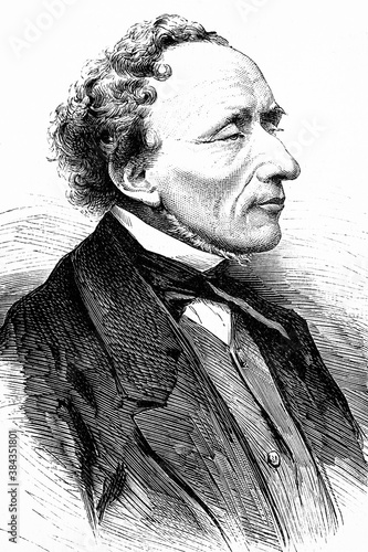 Hans Christian Andersen. Danish writer of fairytales. The little mermaid, the emperor's new clothes, The steadfast tin soldier, the ugly duckling and others. 1805-1875. Antique illustration. 1875.