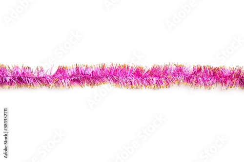 Christmas pink tinsel isolated on white background.