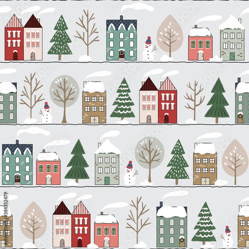 Christmas vector repeat pattern with snowy street