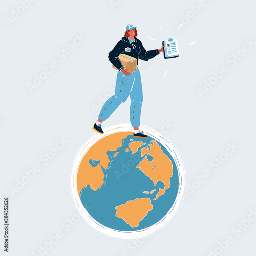 Vector illustration of female courier walk on planet earth to deliver package. Woman and tiny globe on white background.