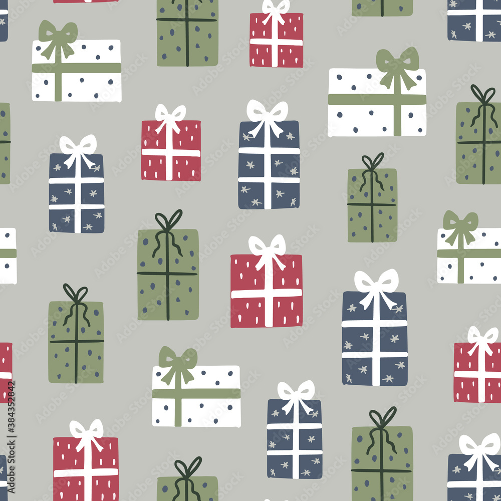 Christmas vector repeat pattern with cute colorful gifts