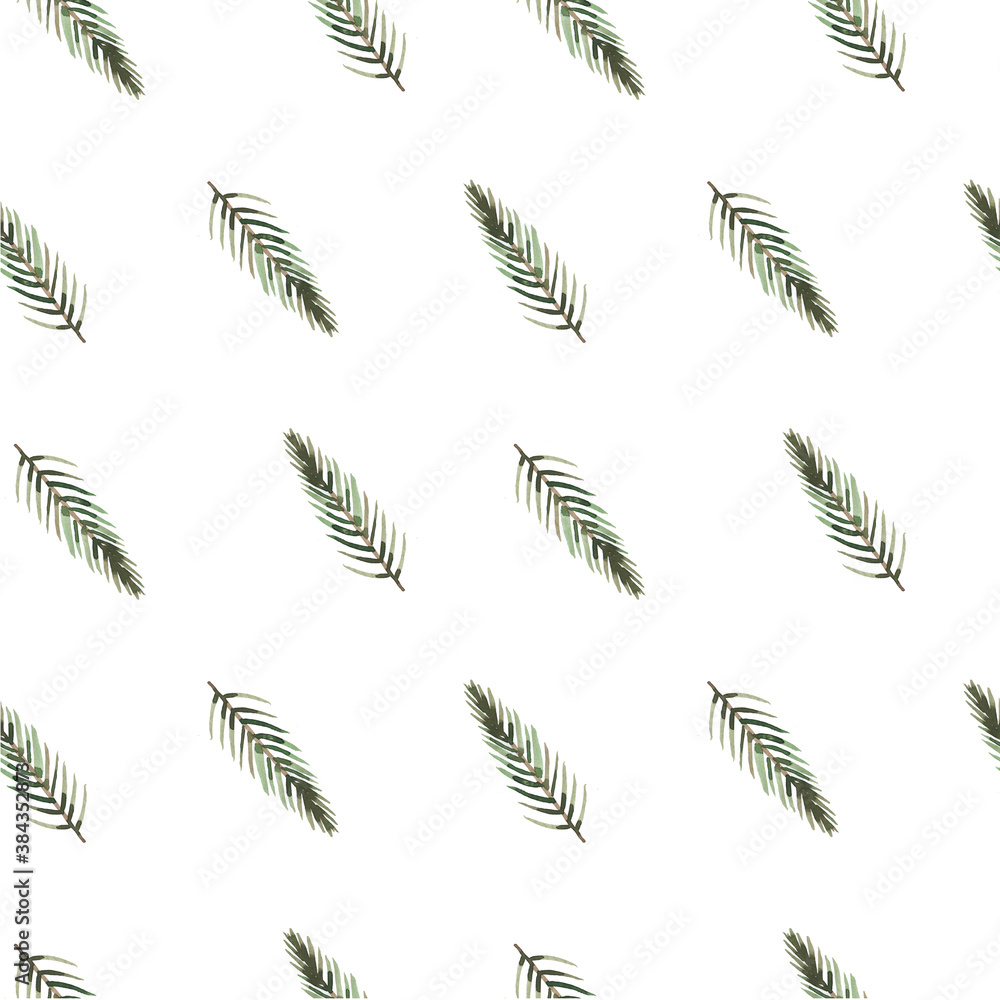 Fototapeta premium Seamless pattern with watercolor parts of a Christmas tree. Festive background, winter. For textiles, wallpaper, packaging. 