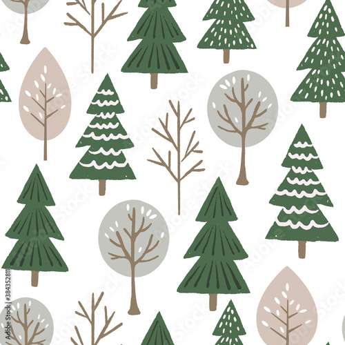 Vector repeat pattern with winter trees in forest