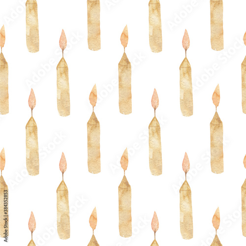 Seamless pattern with watercolor candles. Comfort, home, source of light, romance, intimacy. Christmas, Halloween, holiday.