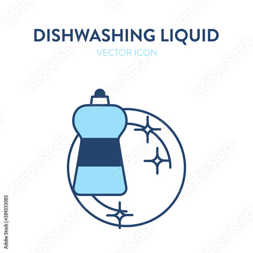 Dishwashing liquid vector icon. Vector illustration of a bottle of cleaning agent and crystal clean plate. Dish washing icon, crystal clear, clean dishes, dish soap