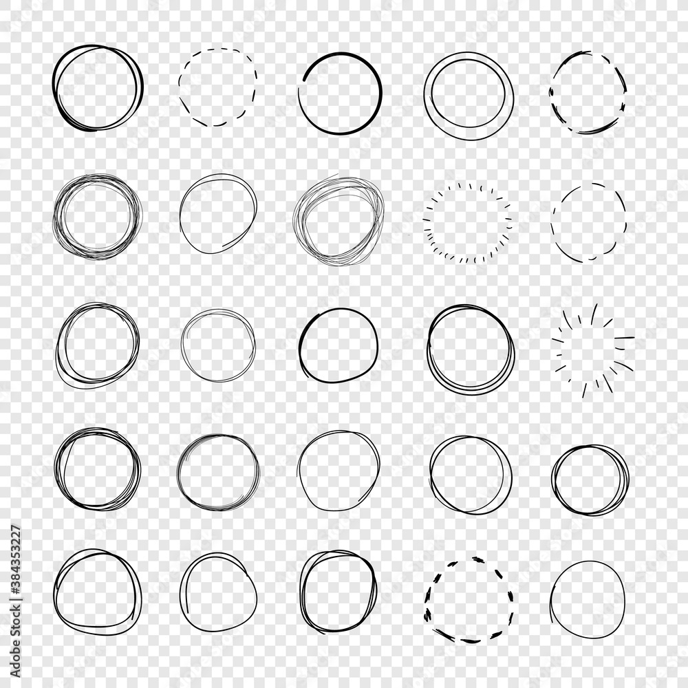 Vector Set of Hand Drawn Circles, Freehand Drawings, Black Scribble Lines, Round Shapes Isolated on Light Transparent Background.