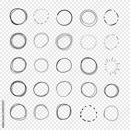 Vector Set of Hand Drawn Circles, Freehand Drawings, Black Scribble Lines, Round Shapes Isolated on Light Transparent Background.