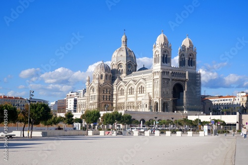 Marseille, France - May 28, 2019 : General view of Cathedral of Marseille, Sainte Marie Majeure, also known as La Major, a 1893 Neo Byzantine style catholic building in the district of La Joliette