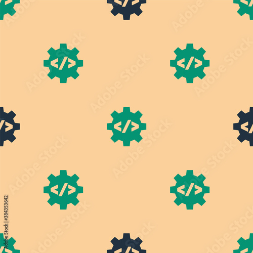 Green and black Web design and front end development icon isolated seamless pattern on beige background. Vector.