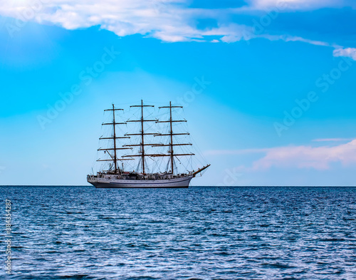 Sailing ship in the sea without sails. Selective focus