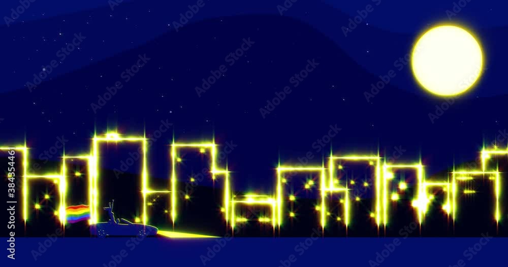 Minimalistic graphic template with a young couple driving an open car with a rainbow flag of the LGBT community against the backdrop of a night city. Looped dark background with empty space for text.