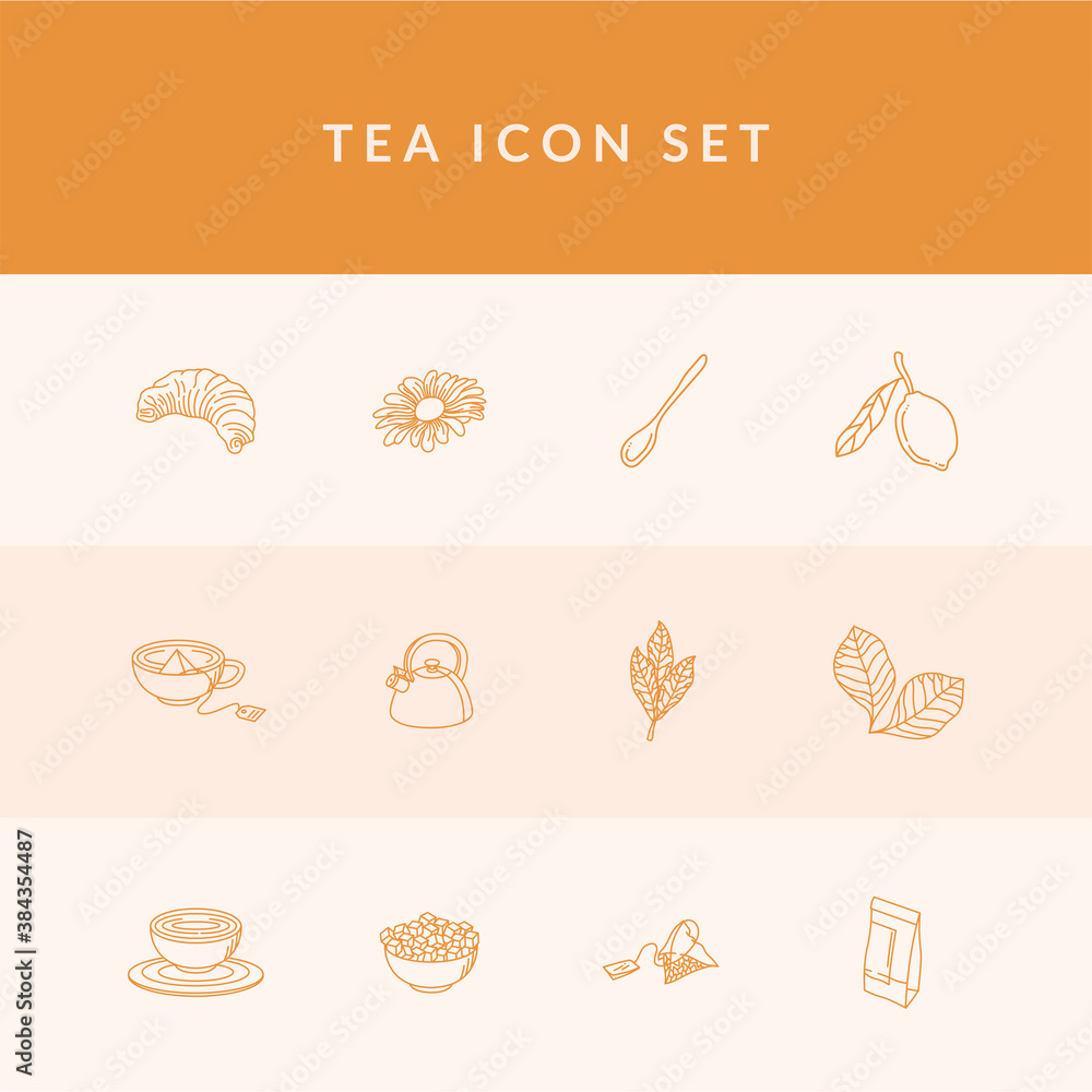 tea line style 12 icon set vector design