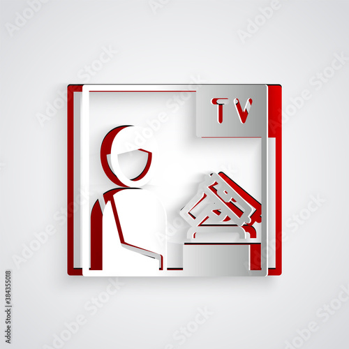 Paper cut Television advertising weapon icon isolated on grey background. Police or military handgun. Small firearm. Paper art style. Vector.