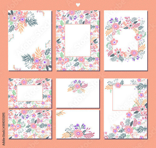 Set of flower invitation cards. Invite wedding. Invitation card template with flower motives. Save the date, Valentine's Day card, postcard, logotype template.