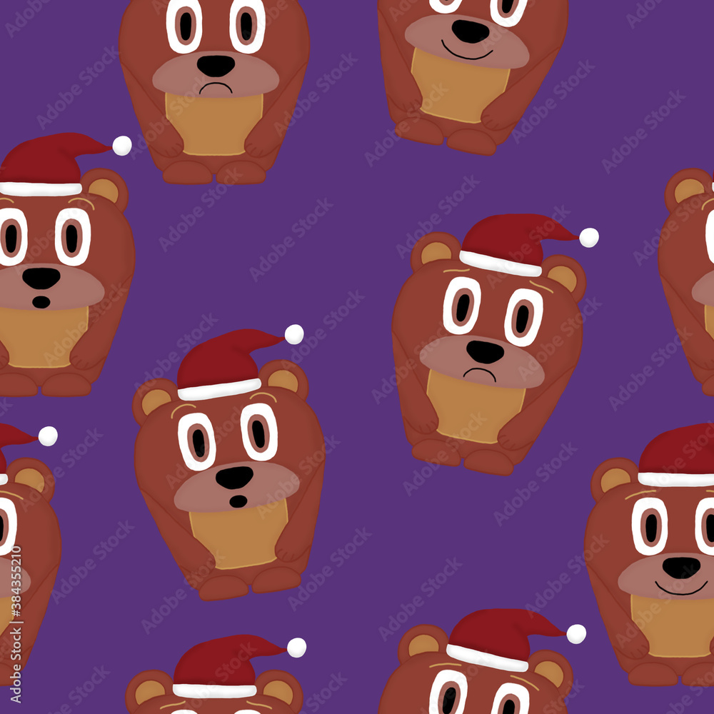 New Year seamless pattern with bears with Santa hat on a purple background New Year seamless pattern with bears with Santa hat on a purple background