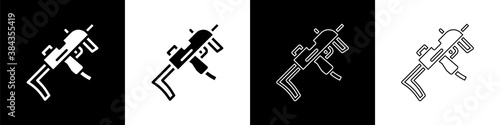 Set MP9 submachine gun icon isolated on black and white background. Automatic weapon. Vector.
