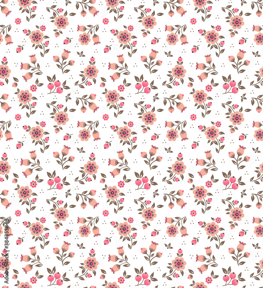 Seamless floral pattern for design. Small pink flowers. White background. Modern floral pattern. elegant template for fashion prints.