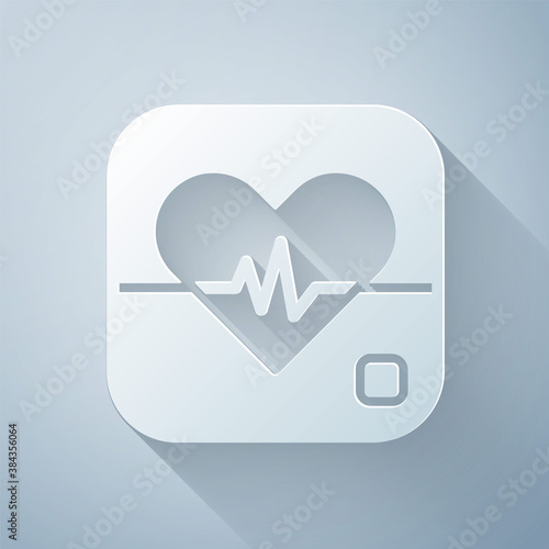 Paper cut Heart rate icon isolated on grey background. Heartbeat sign. Heart pulse icon. Cardiogram icon. Paper art style. Vector.