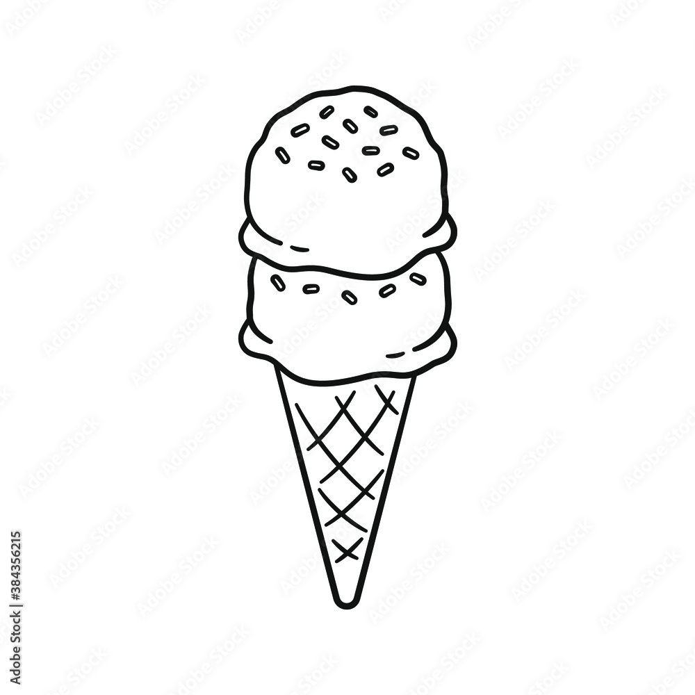 Double scoop ice cream with sprinkles on sugar cone line art outline