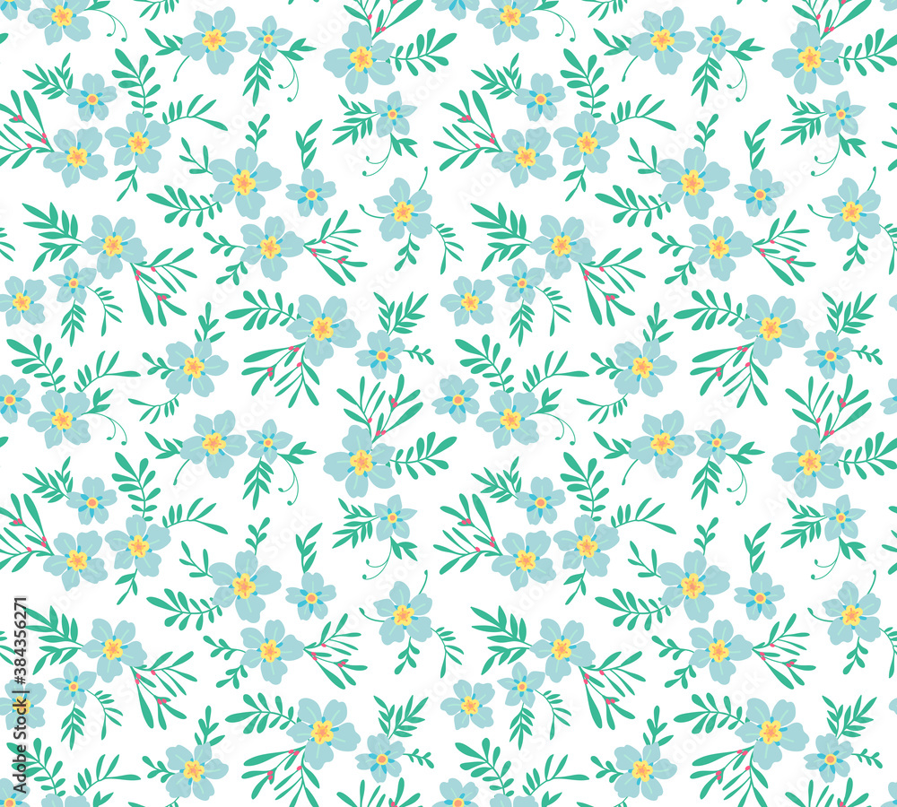 Floral pattern. Pretty flowers on white background. Printing with small blue flowers. Ditsy print. Seamless vector texture. Spring bouquet.