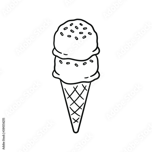 Double scoop ice cream with sprinkles on sugar cone line art outline cartoon illustration. Coloring book page activity worksheet for kids.