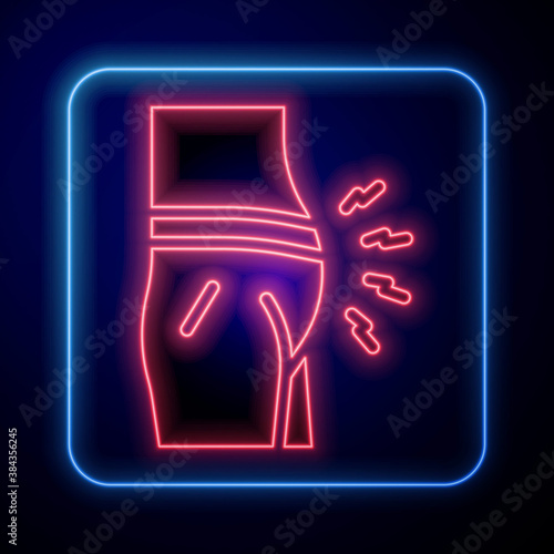 Glowing neon Abdominal bloating icon isolated on blue background. Constipation or diarrhea. Vector.