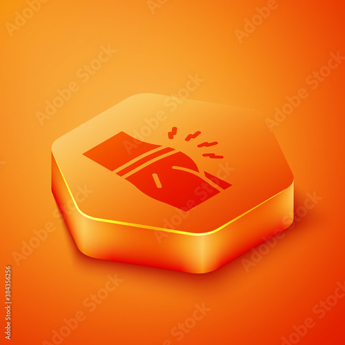 Isometric Abdominal bloating icon isolated on orange background. Constipation or diarrhea. Orange hexagon button. Vector.