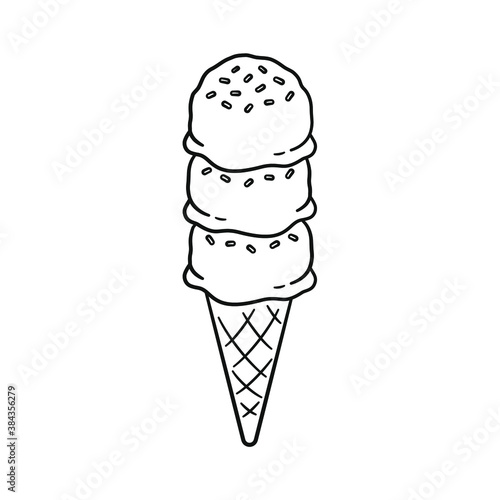 Triple scoop ice cream with sprinkles on sugar cone line art outline cartoon illustration. Coloring book page activity worksheet for kids.