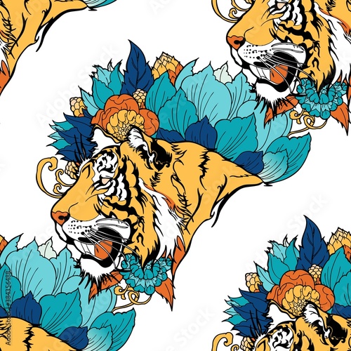 Tiger head with flower oriental Chinese illustration doodle coloring for printing seamless pattern vector with white background