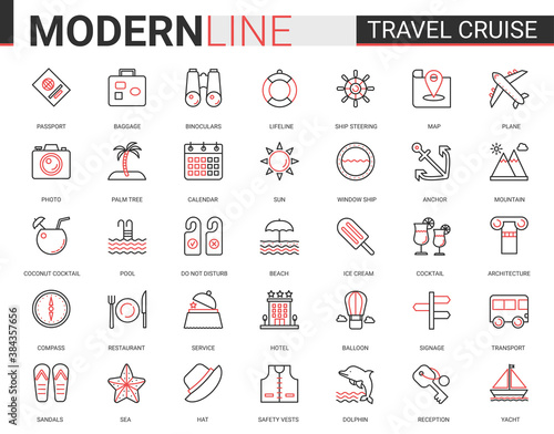Travel cruise thin red black line icon vector illustration set. Outline tourism mobile app symbols of traveling transport, hotel service for tourists, sea summer beach party items editable stroke