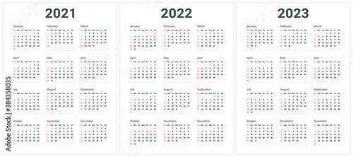 Calendar design for 2021, 2022, 2023 year. Beginning of the week with sunday.