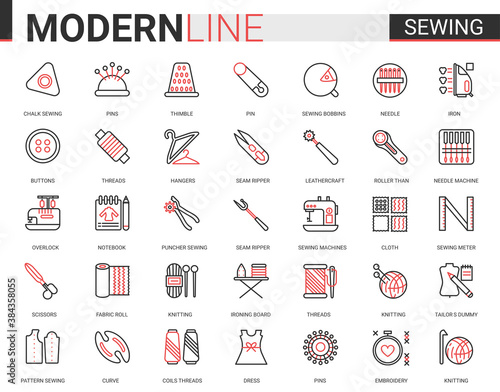 Sewing tailoring thin red black line icon vector illustration set. Outline tailor needlework app symbols, equipment and items collection for embroidery knitting or sewing clothes work editable stroke