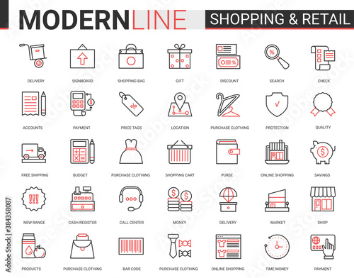 Shopping retail thin red black line icon vector illustration set. Linear commercial shop website app symbols for online order, free shopping delivery, customer web support call center editable stroke