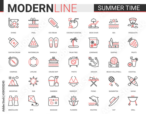 Summer time vacation thin red black line icon vector illustration set. Website outline summertime pictogram app symbols collection with travel or beach holiday items and sport activity editable stroke