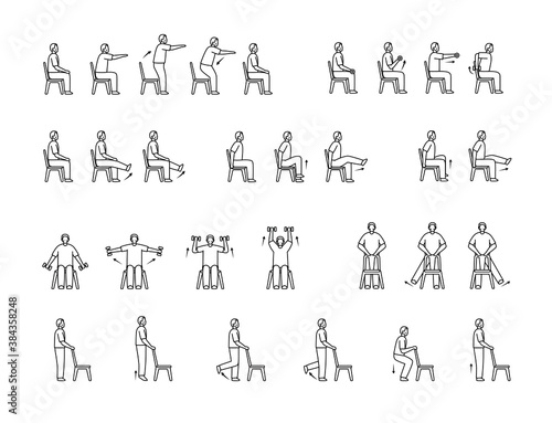 old man sit on chair exercise step icon set
