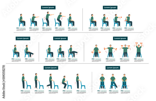 old man sit on chair exercise step cartoon set