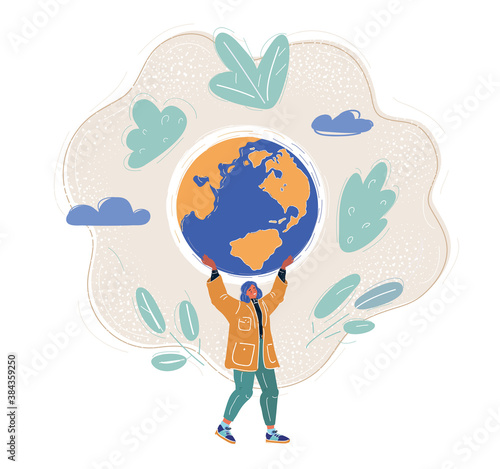 Vector illustration of woman who hold earth globe in her hand.