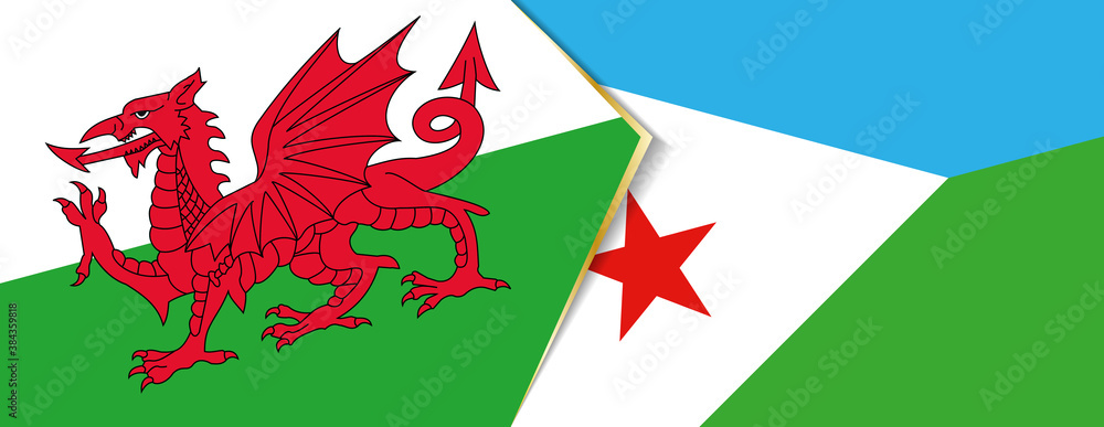 Wales and Djibouti flags, two vector flags. Wales and Djibouti flags, two vector flags.