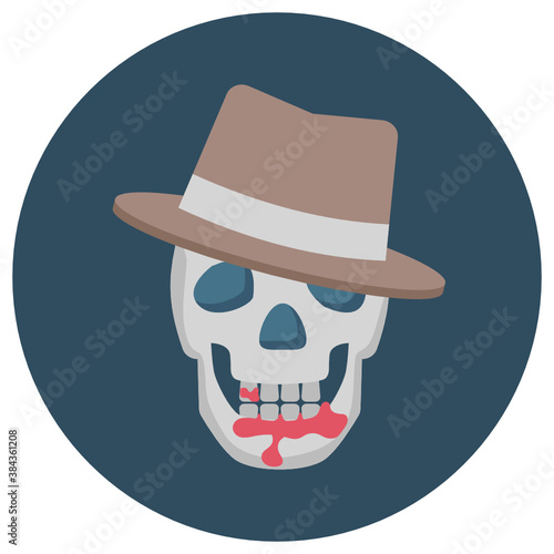 skull with hat and blood vector icon design, Holiday Celebrations and Halloween costumes Symbol on White background, Trick or Treat Sign, vampire face mask concept, Danger or Death Sign 