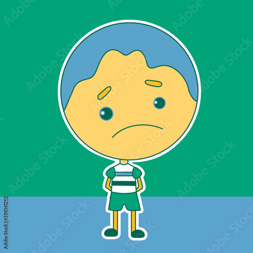 an emoticon with a cool offended boy that stands with hands clasped behind its back, vector emoji on isolated background