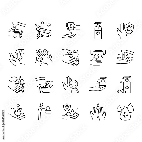 Simple Set of Washing Hands Related Vector Line Icons. Contains such Icons as Washing Instruction  Antiseptic  Soap  Sanitizer  Sink  Hand dryer  Protection shield and more. Editable Stroke