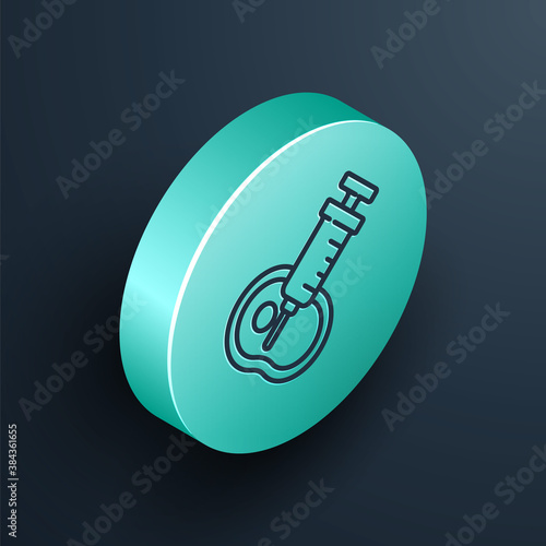 Isometric line Genetically modified meat icon isolated on black background. Syringe being injected to meat. Turquoise circle button. Vector.