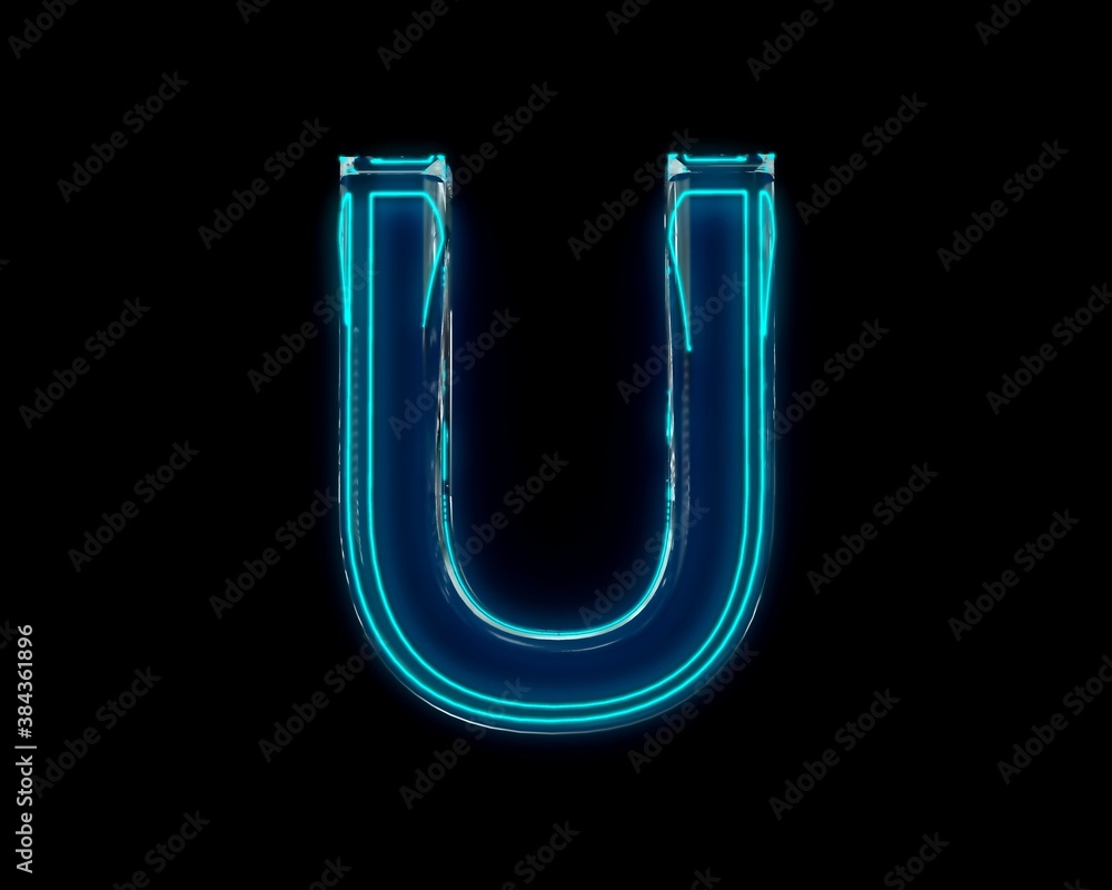 Blue shine neon light glow reflective crystal alphabet - letter U isolated on black dark, 3D illustration of symbols Blue shine neon light glow reflective crystal alphabet - letter U isolated on black dark, 3D illustration of symbols
