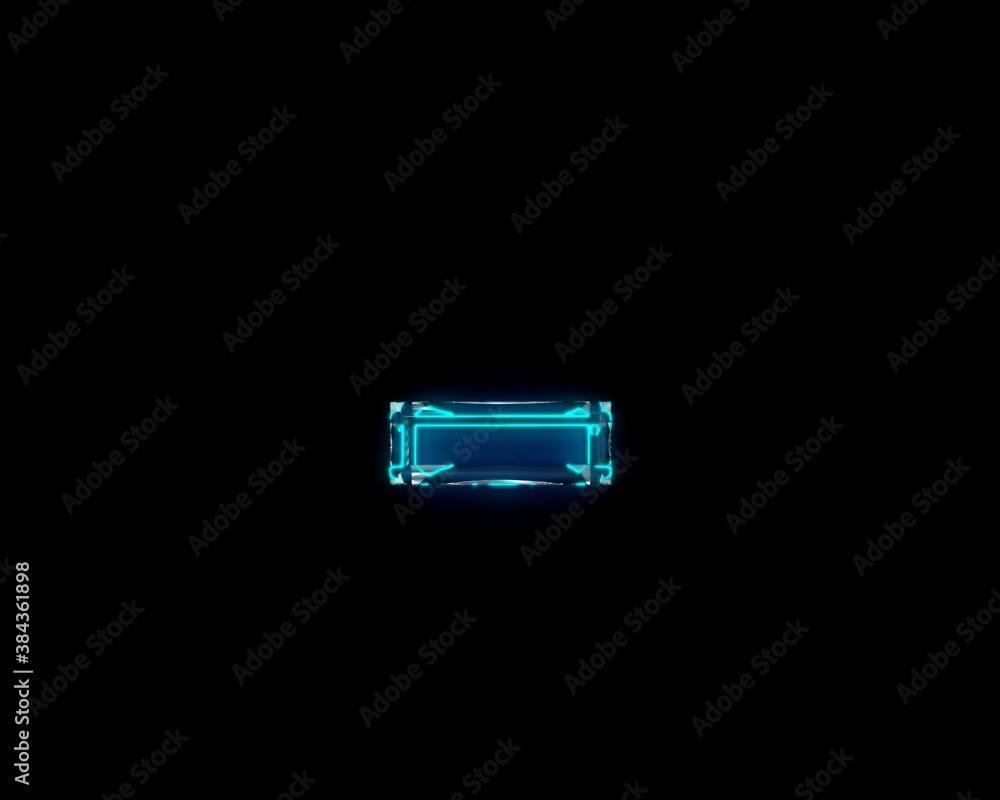 Blue glossy neon light glow glass made transparent alphabet - minus (dash) isolated on black background, 3D illustration of symbols Blue glossy neon light glow glass made transparent alphabet - minus (dash) isolated on black background, 3D illustration of symbols