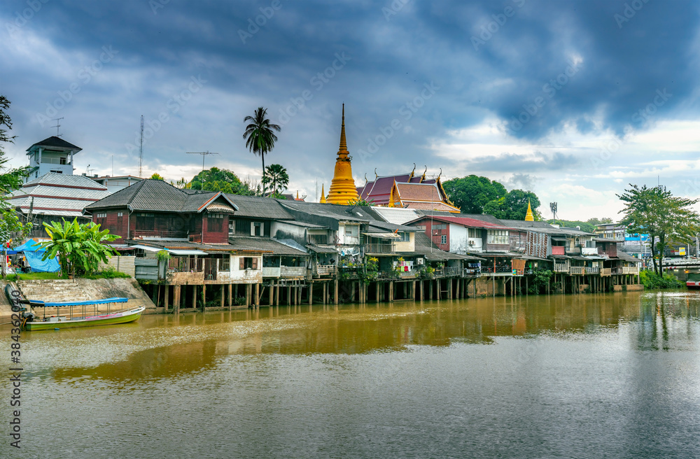 Chanthaburi river ,Classical Village near river, Chanthaburi Old Town Waterfront,Thailand.