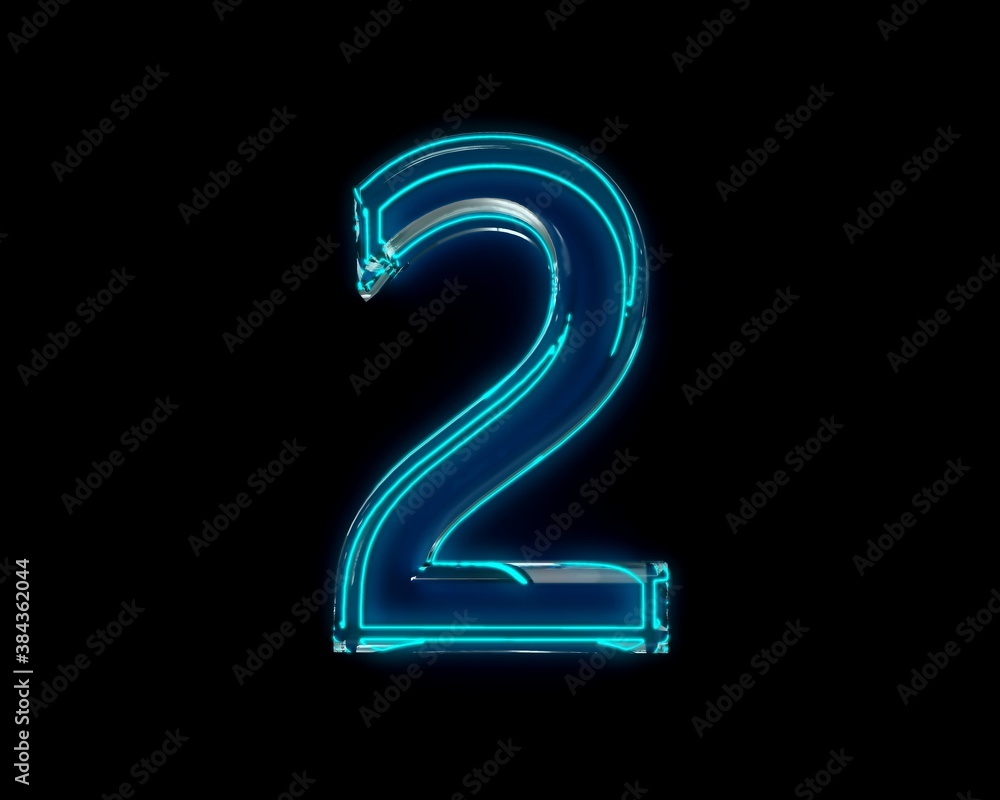 Blue shine neon light glow glass made crystal alphabet - number 2 isolated on black dark, 3D illustration of symbols Blue shine neon light glow glass made crystal alphabet - number 2 isolated on black dark, 3D illustration of symbols